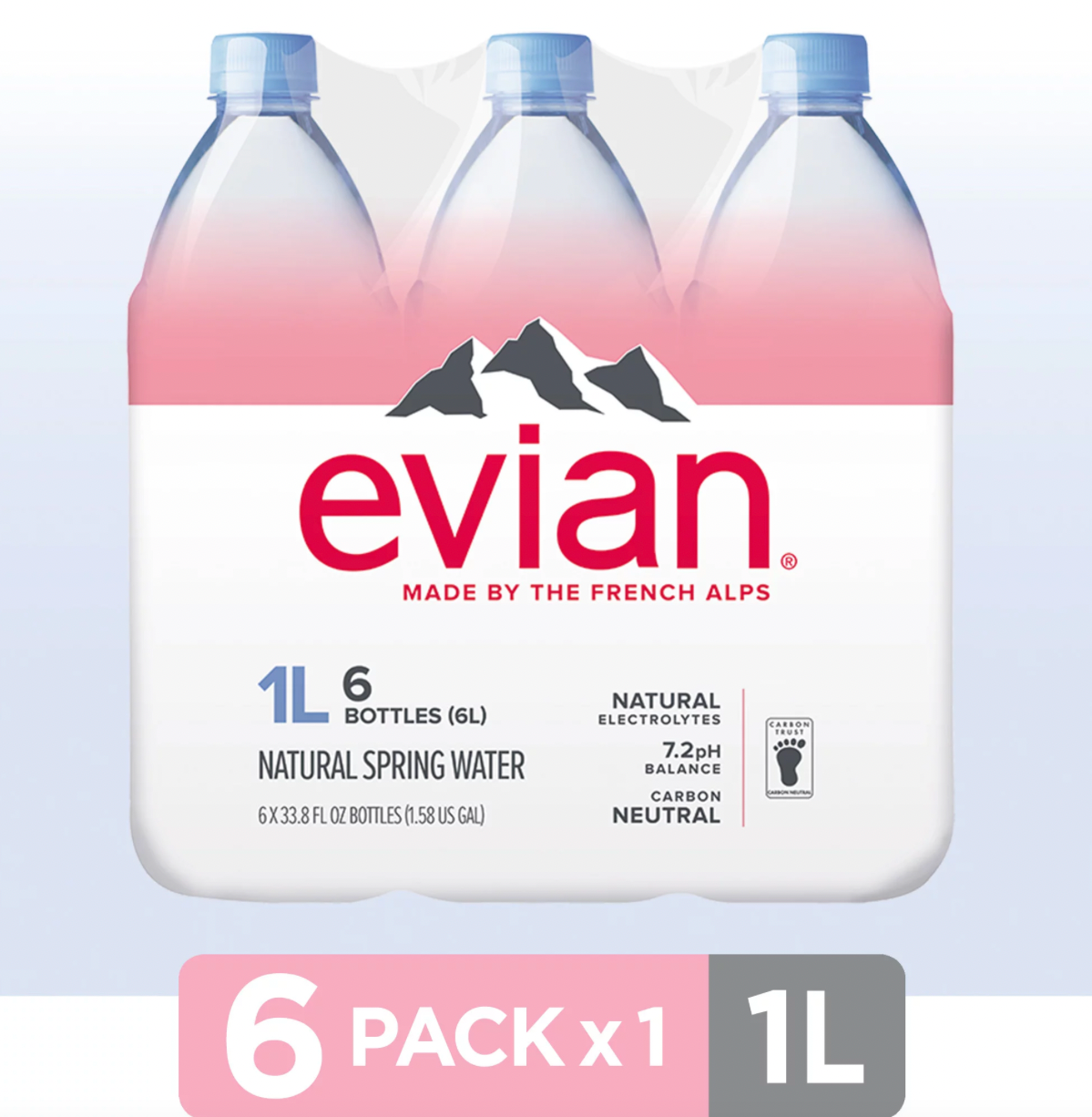 Evian Natural Spring Water bottles, 33.8 fl oz, 6 pack